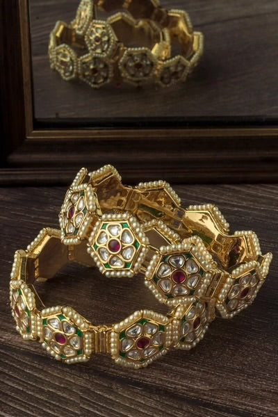 Gold-Plated Multicolour Bridal Bangles with Pearl Detailing
