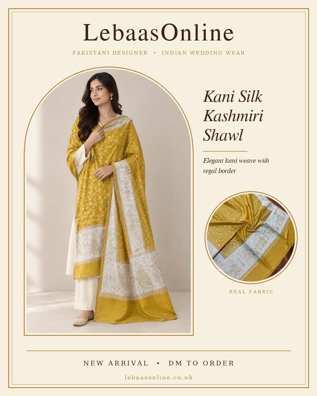 Kani silk Kashmiri shawl in mustard gold with intricate woven pattern and regal border