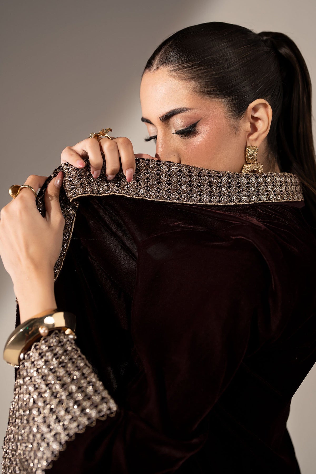Deep red Maria B Pakistani designer velvet suit for weddings