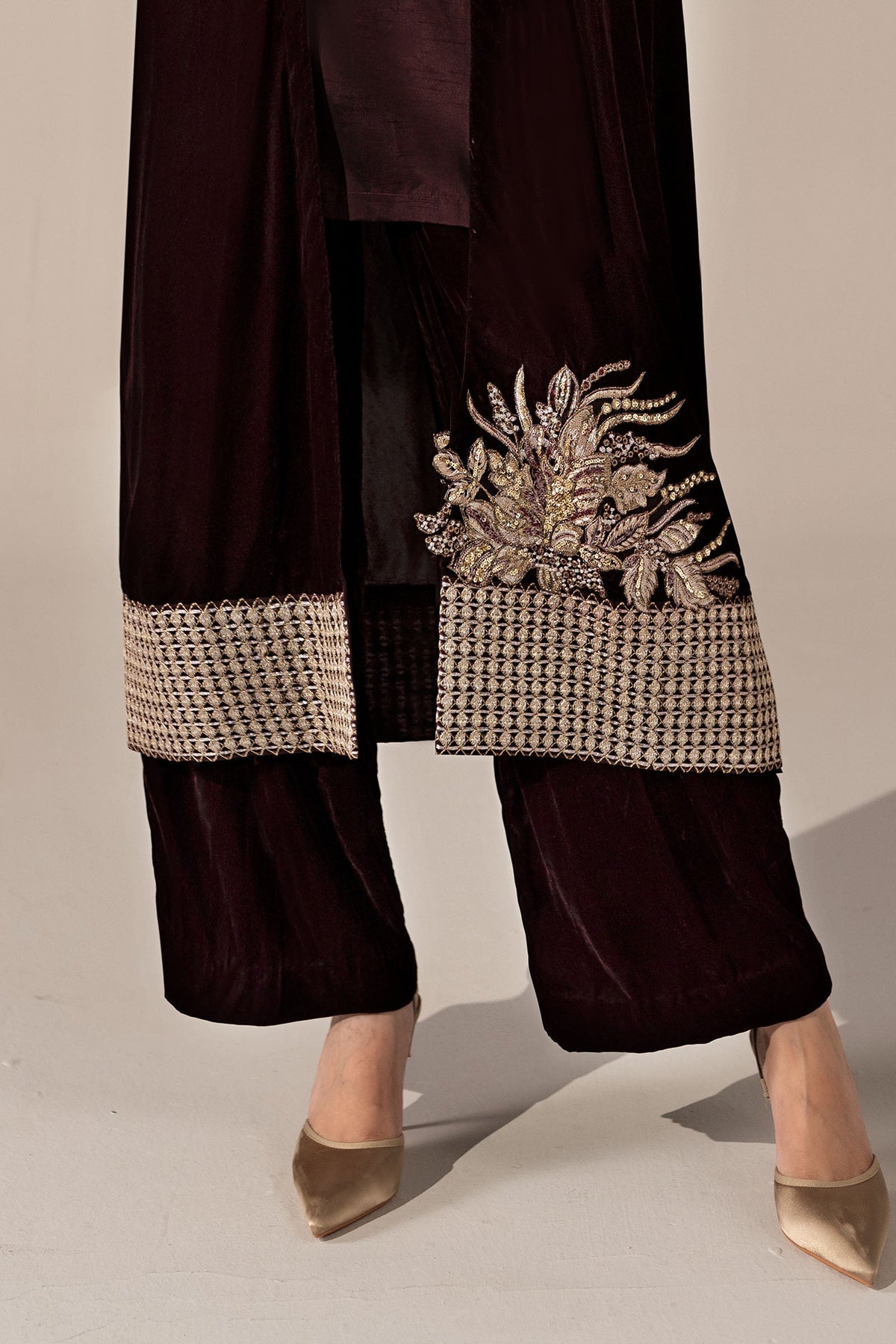 Deep red Maria B Pakistani designer velvet suit for weddings