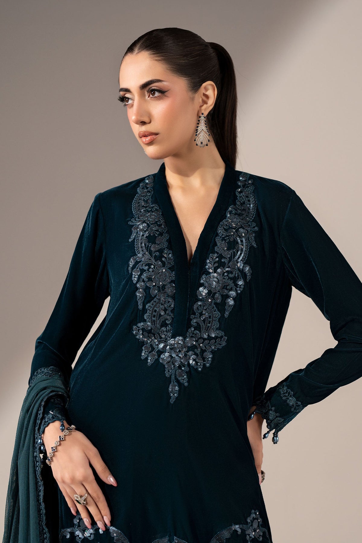 Maria B teal velvet straight-leg shirt with embroidered hem