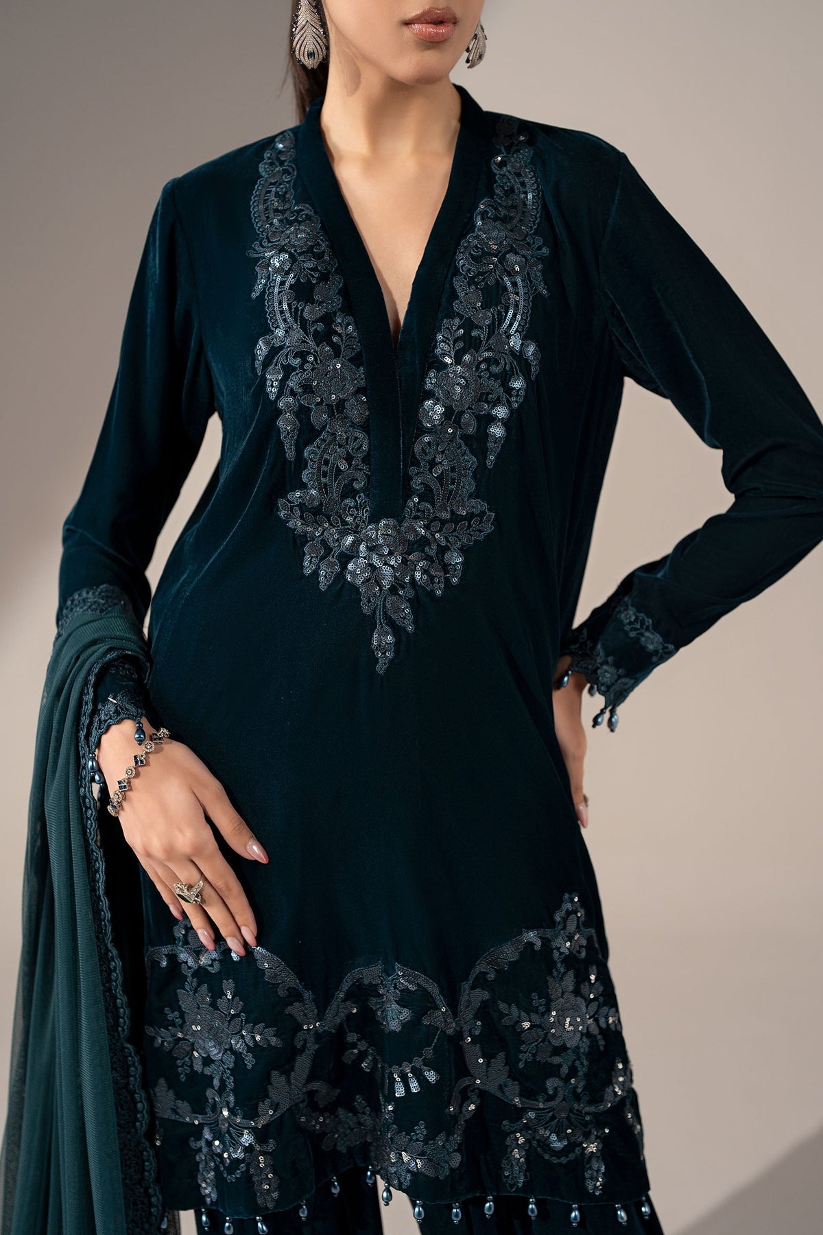 Maria B teal net dupatta with four-sided embroidered border