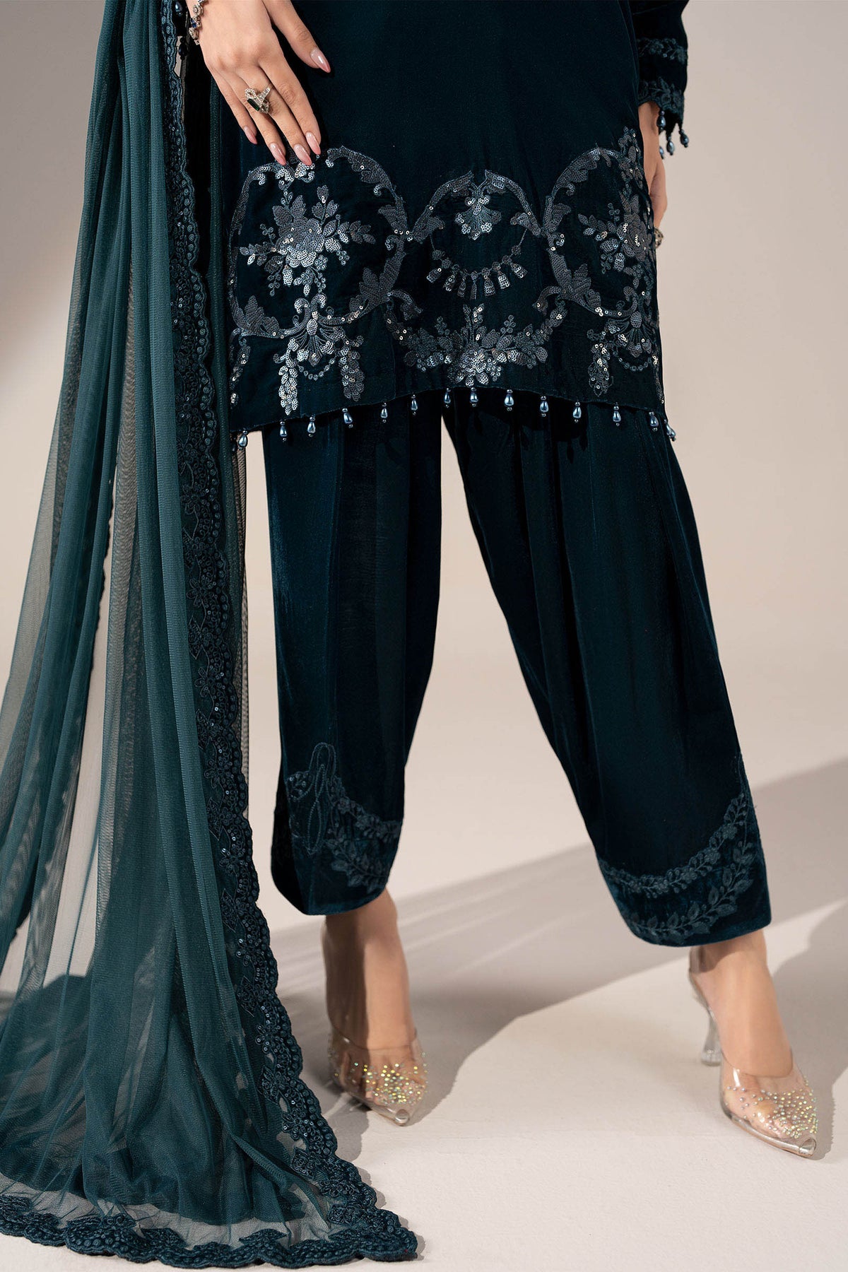 Maria B teal net dupatta with four-sided embroidered border