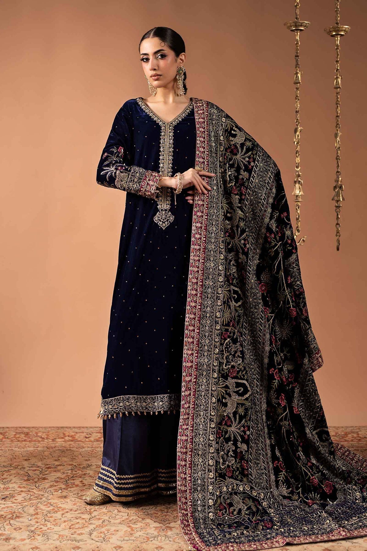 Maria B Winter Collection 2026 blue embroidered velvet 3 piece suit