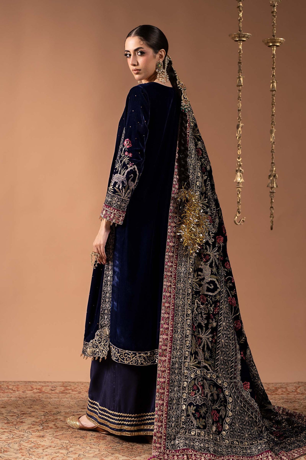 Maria B blue embroidered velvet straight shirt with V neckline