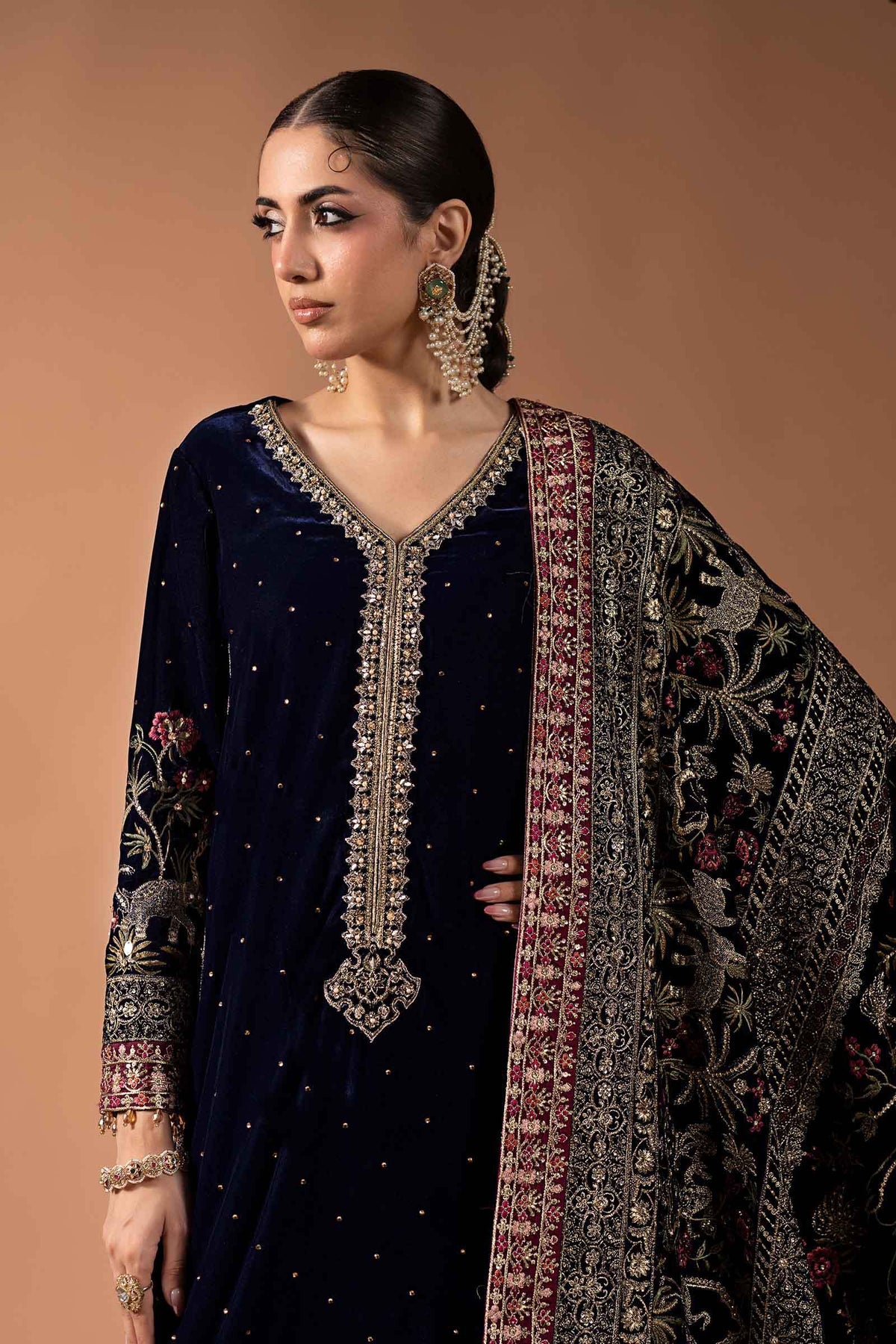 Maria B blue embroidered velvet straight shirt with V neckline