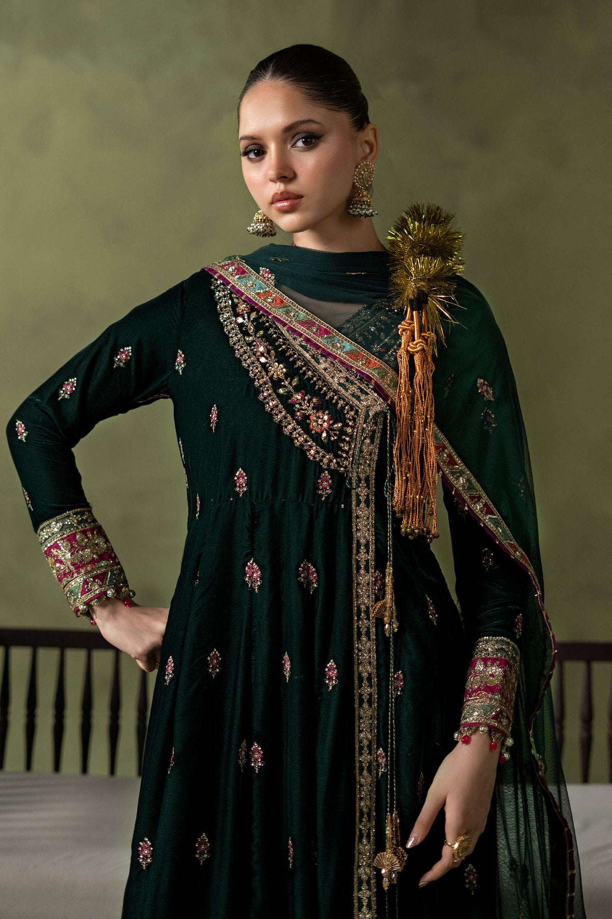 Maria B green velvet angrakha with sequin tilla and thread embroidery