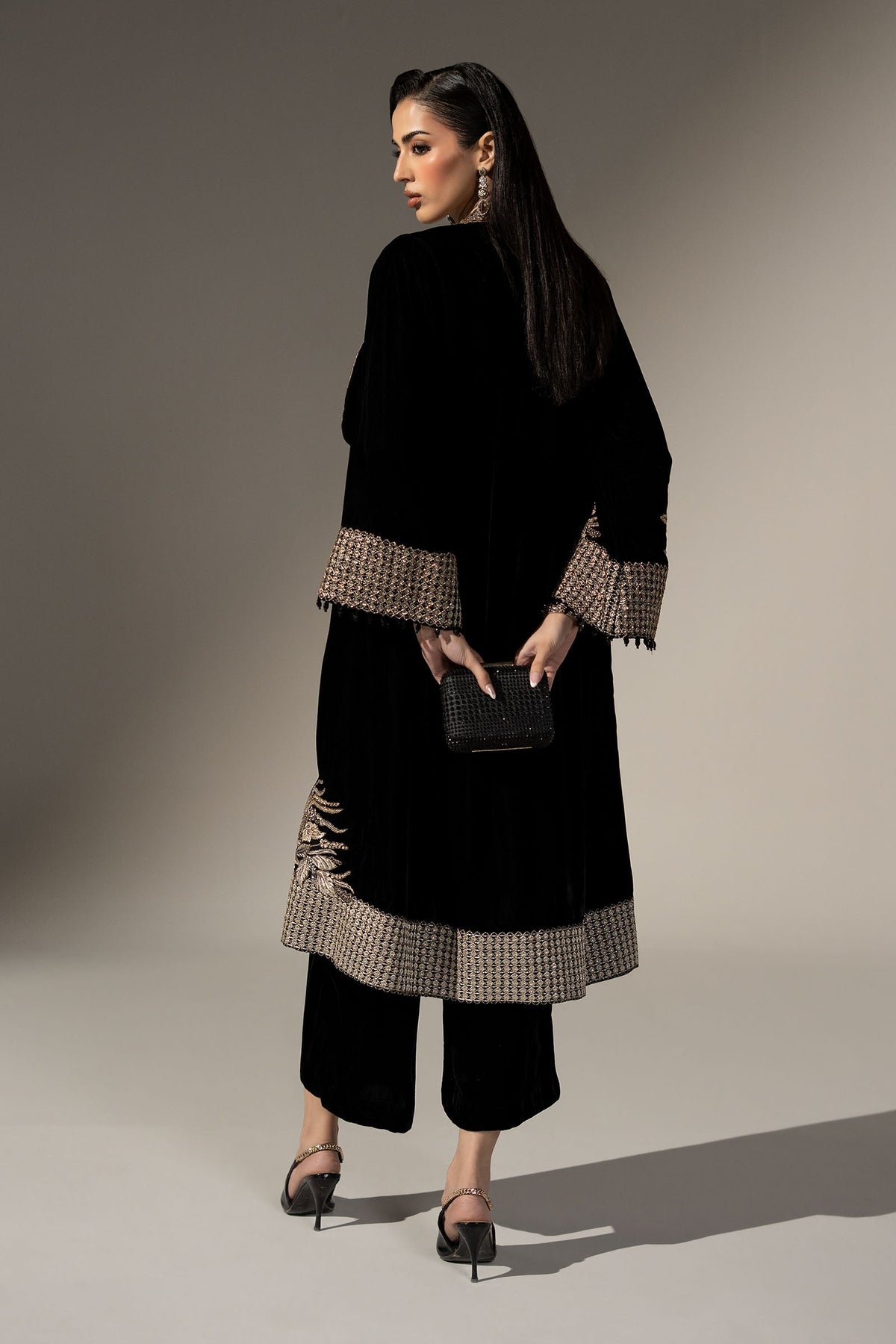 Maria B black embroidered velvet front open jacket