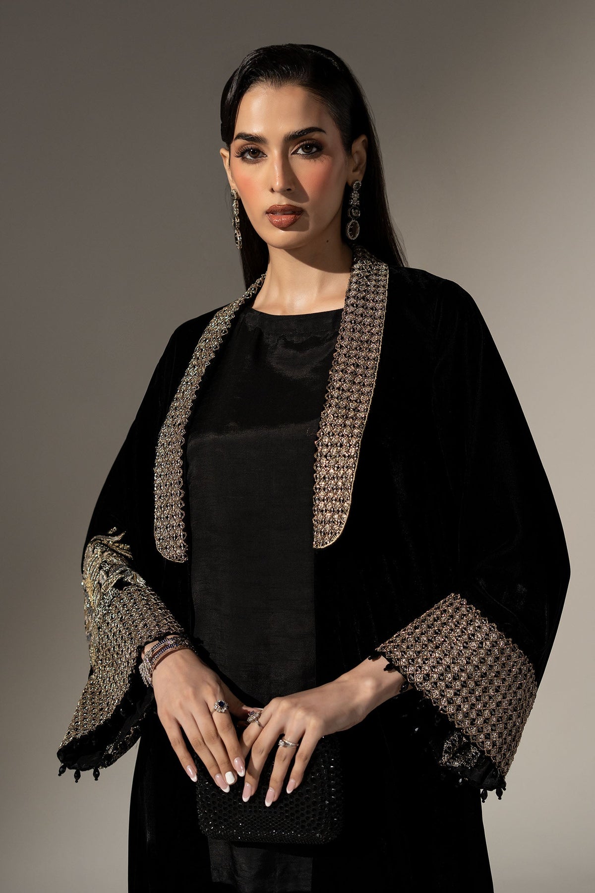 Maria B black velvet jacket with hand embellished shawl collar