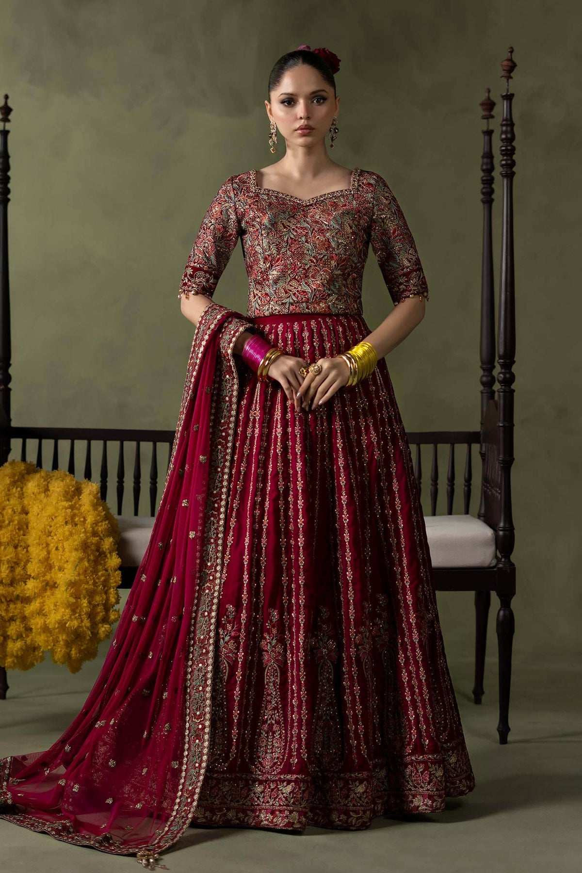 Maria B Winter Collection 2026 pink embroidered velvet lehenga
