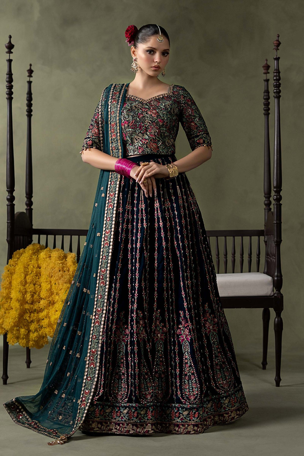 Maria B Winter Collection 2026 teal embroidered velvet lehenga