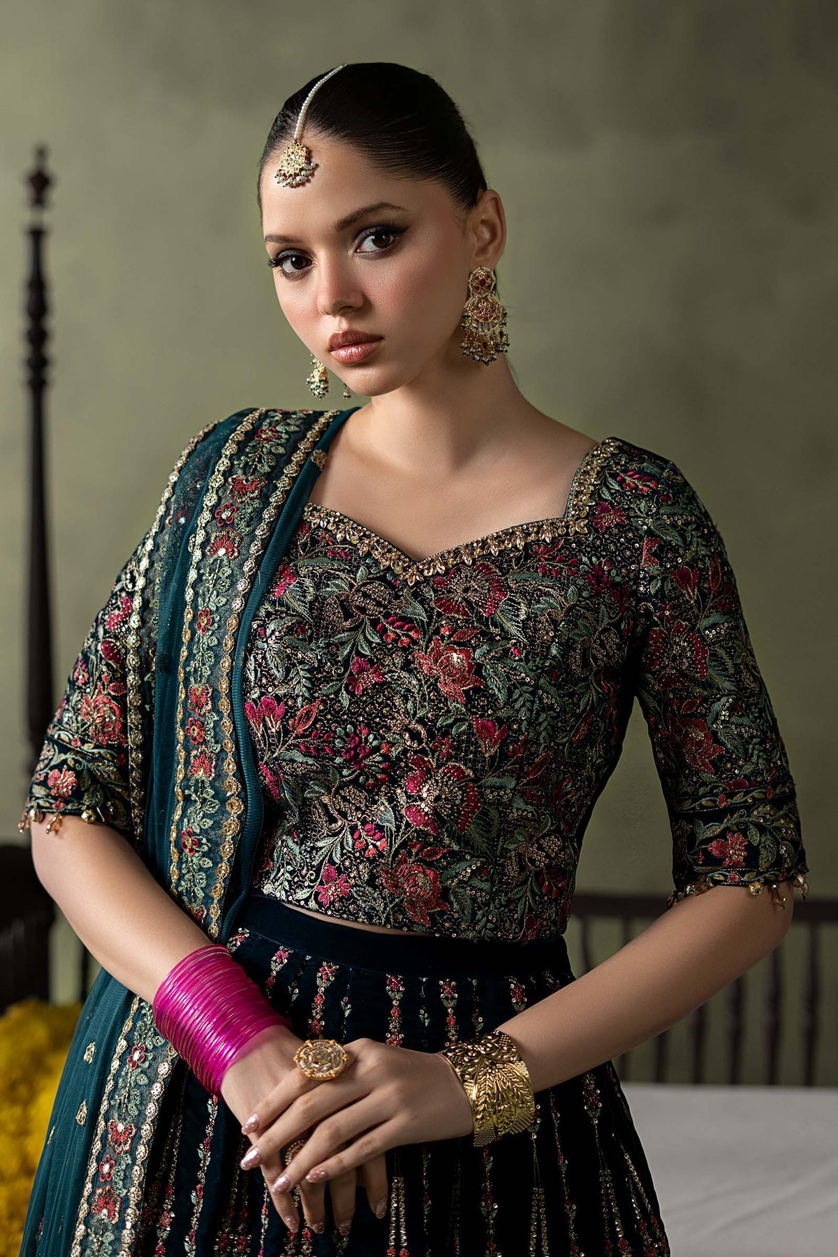 Maria B teal velvet embroidered blouse with embellished neckline