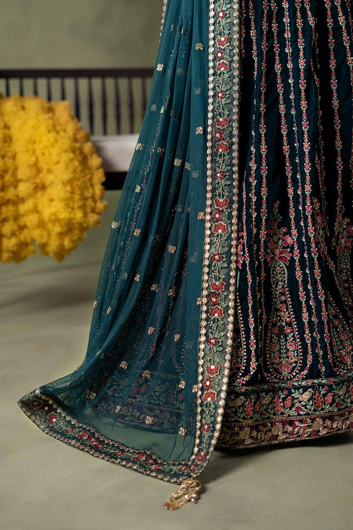Maria B embroidered net dupatta with scalloped border