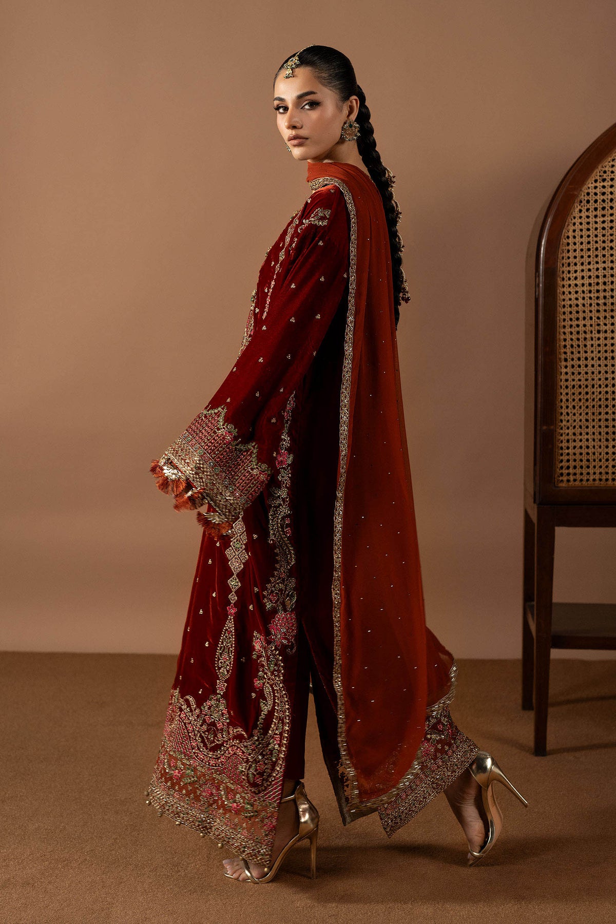 Maria B Winter Collection 2026 embroidered velvet 3 piece suit in Rust