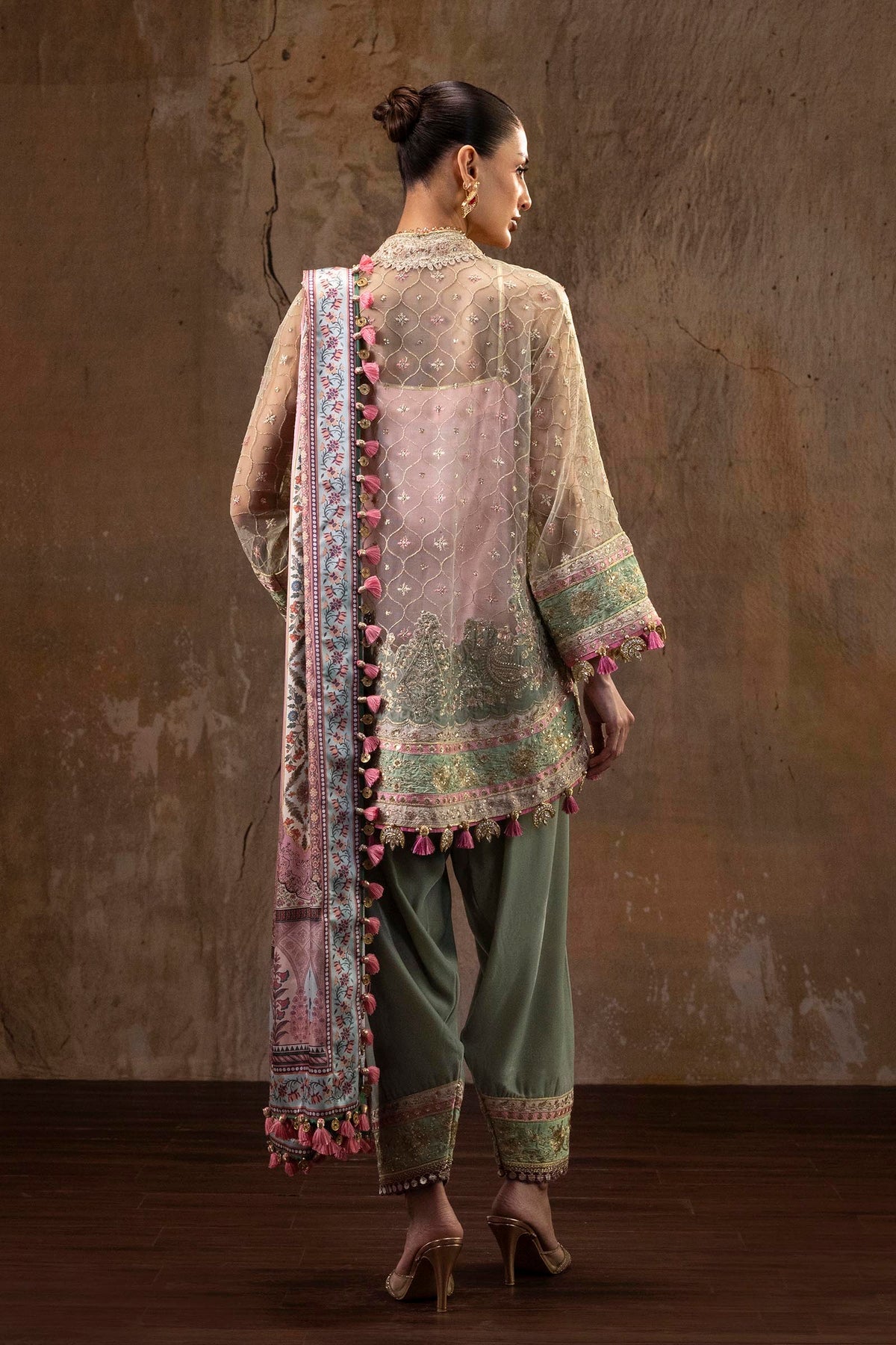 Sana Safinaz | Unstitched Printed 3 Piece Raw Silk & Net Suit - LebaasOnline