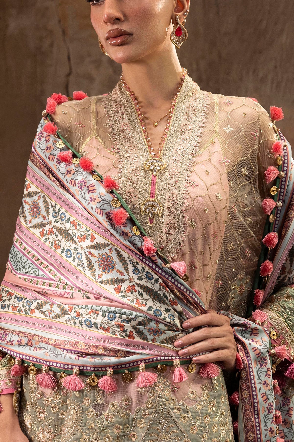 Sana Safinaz | Unstitched Printed 3 Piece Raw Silk & Net Suit - LebaasOnline