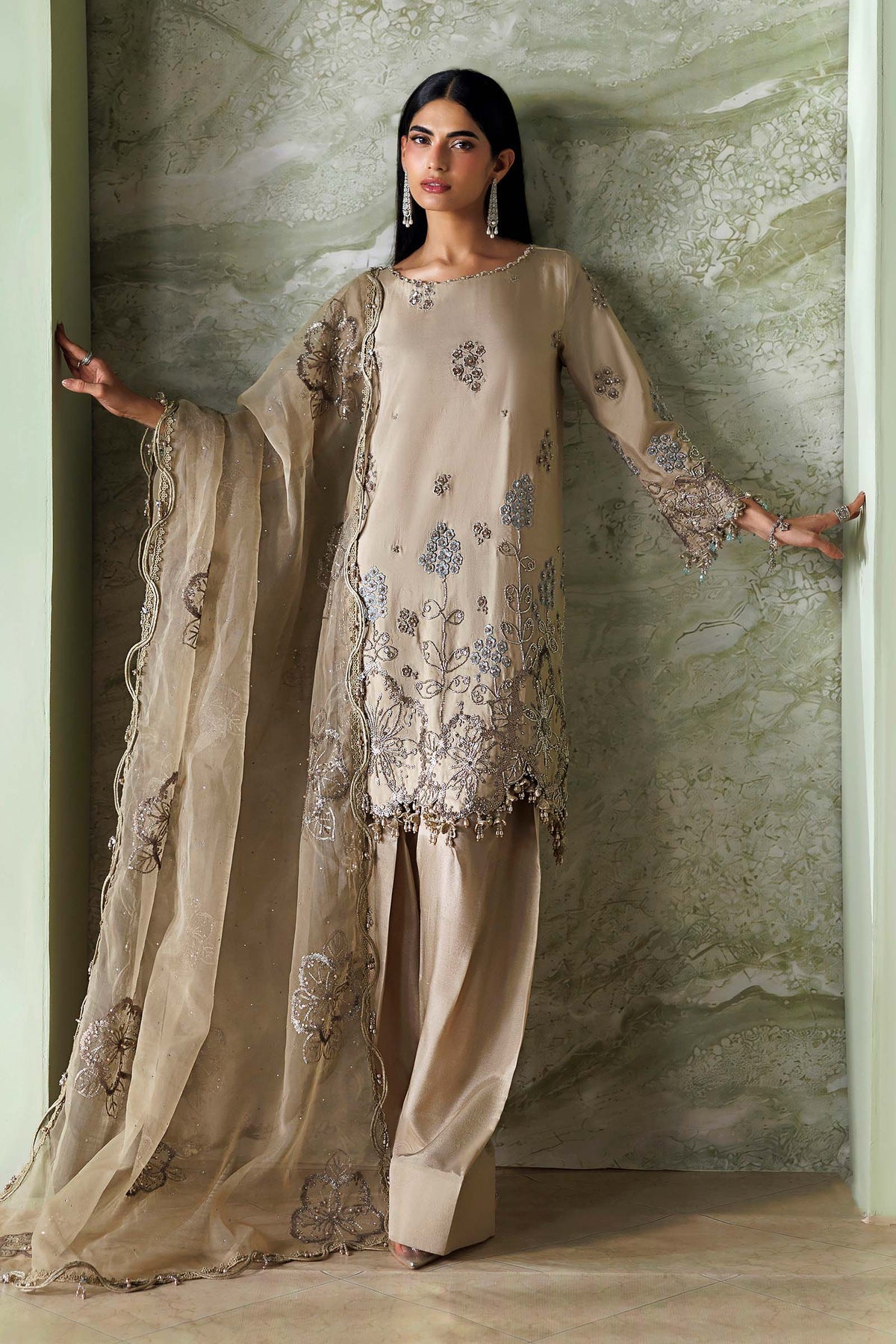 Maria B Soiree Collection 2026 Coffee embroidered Tusser silk Pakistani suit with Cutdana and pearls