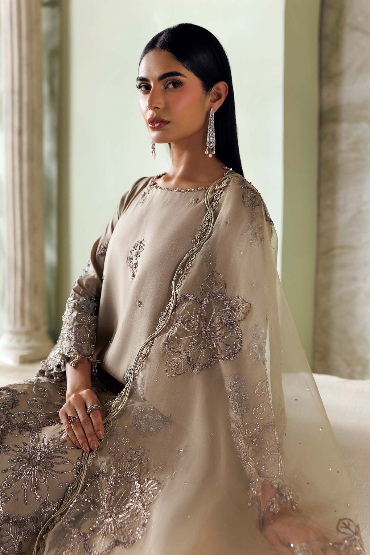 Maria B Soiree Collection 2026 Coffee embroidered Tusser silk Pakistani suit with Cutdana and pearls