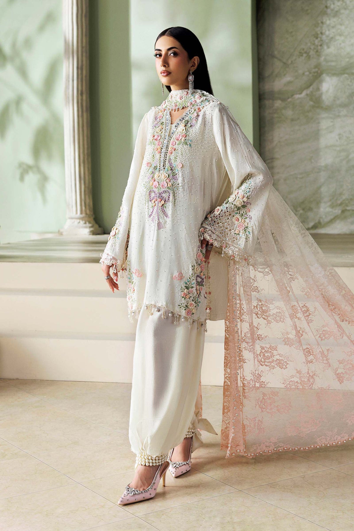 Maria B Soiree Collection 2026 Off-White embroidered Tusser silk Pakistani suit with 3D flowers