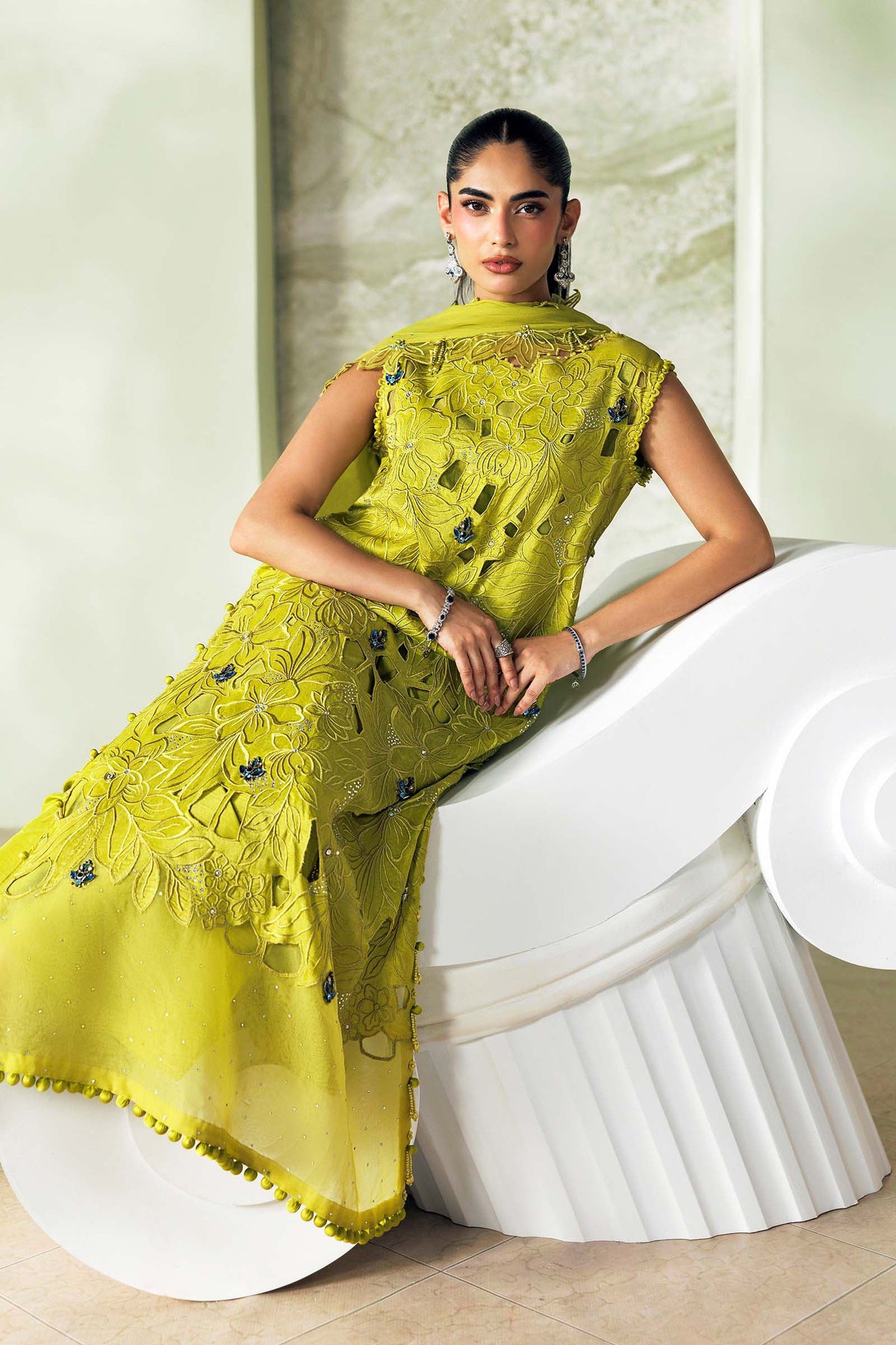 Maria B Soiree Collection 2026 lime green embroidered Bemberg raw silk Pakistani suit