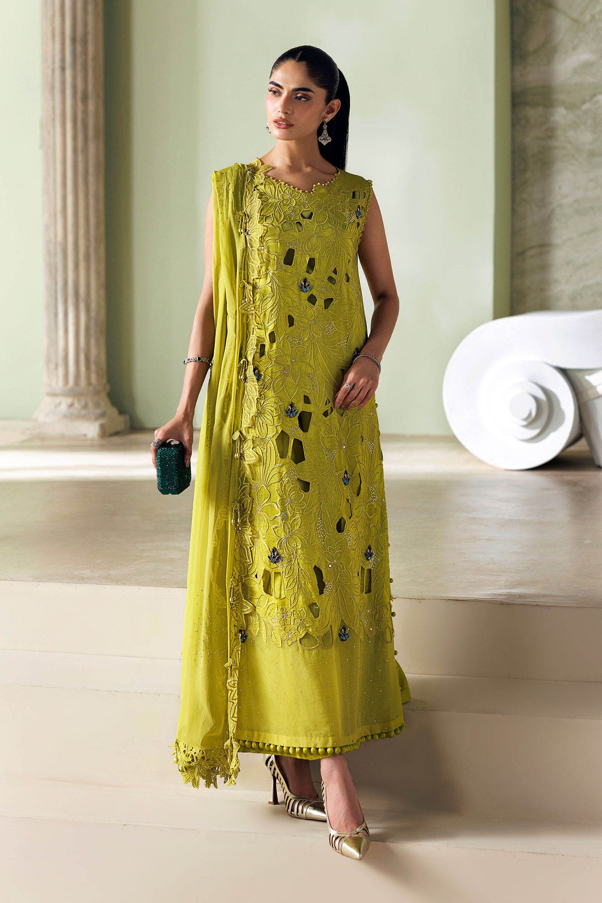 Maria B Soiree Collection 2026 lime green embroidered Bemberg raw silk Pakistani suit