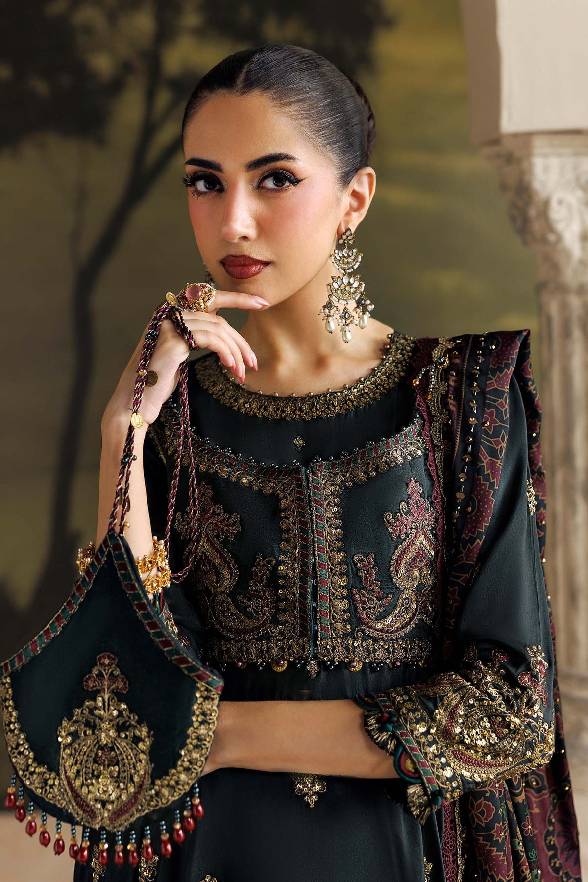 Maria B Soiree Collection 2026 dark green embroidered Tusser silk Pakistani suit