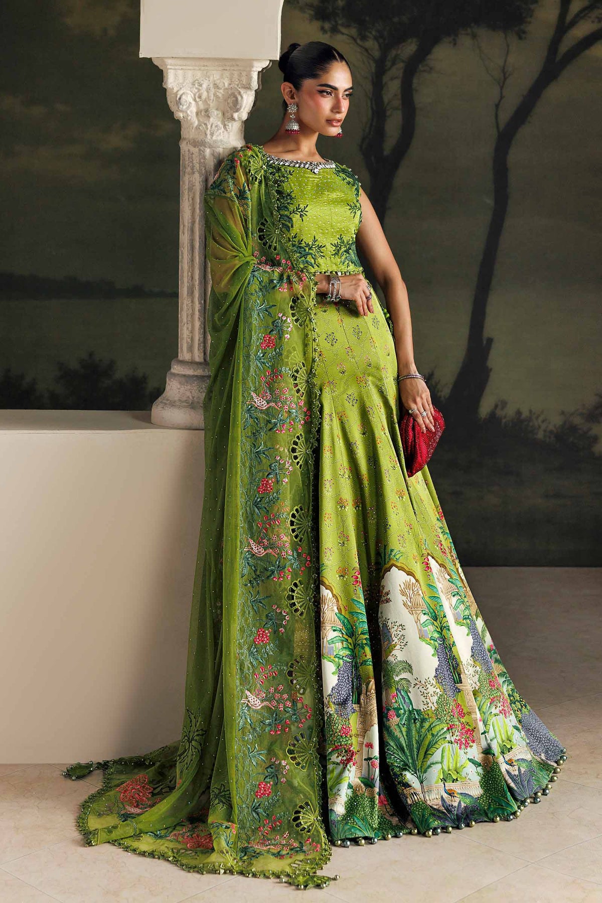 Maria B Soiree Collection 2026 green embroidered raw silk Pakistani suit with silk lehenga