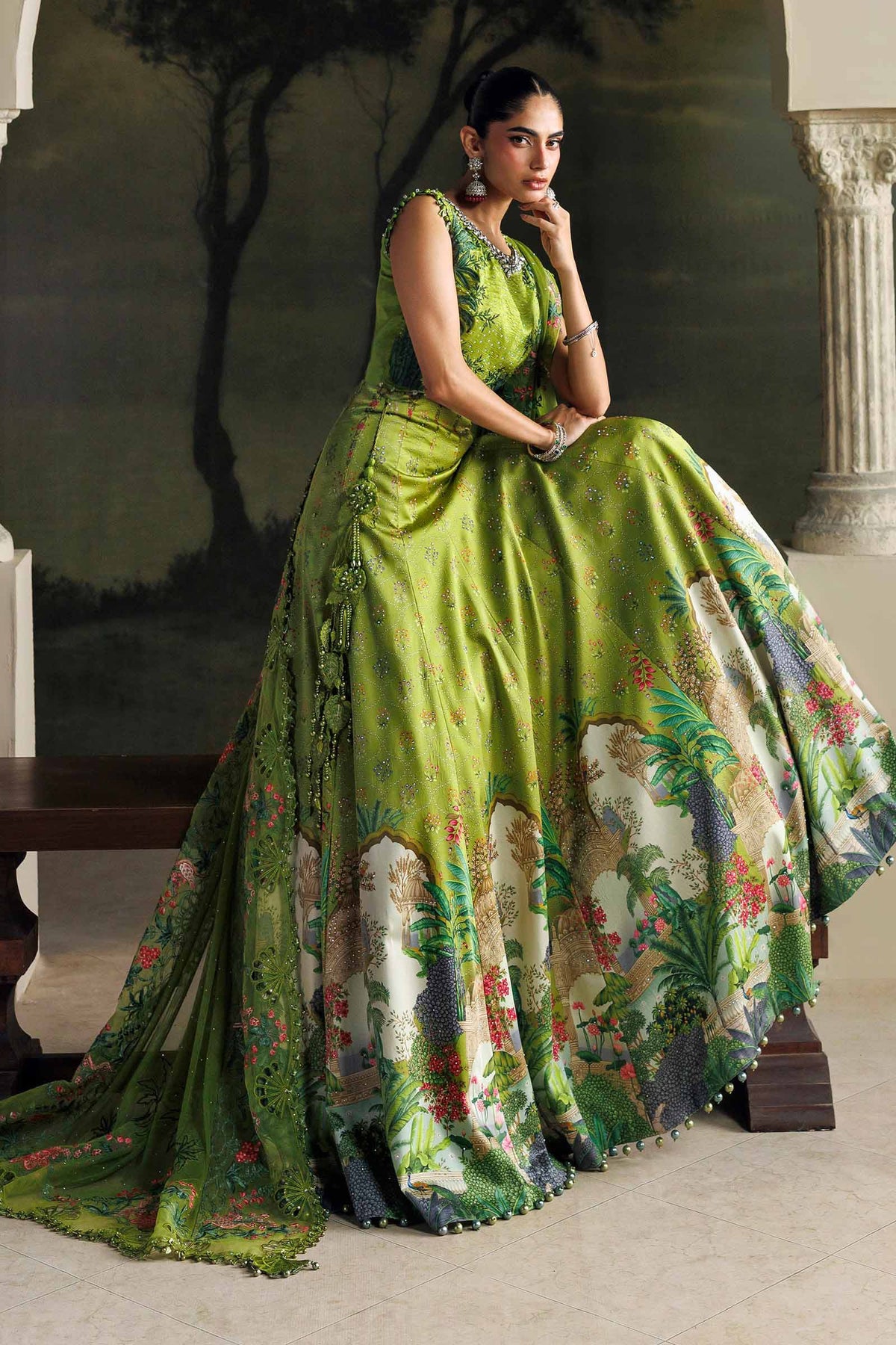 Maria B Soiree Collection 2026 green embroidered raw silk Pakistani suit with silk lehenga
