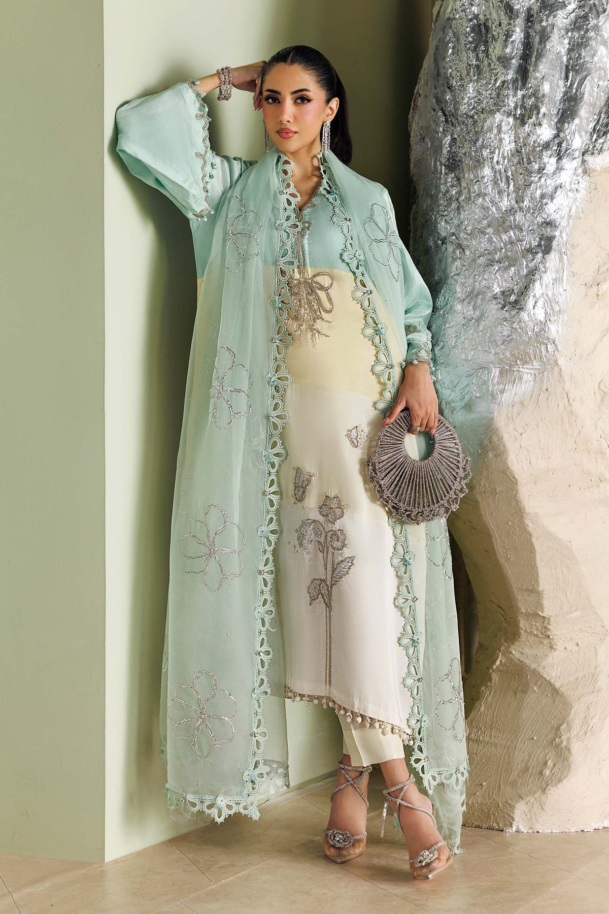 Maria B Soiree Collection 2026 Aqua and Off White embroidered raw silk Pakistani suit