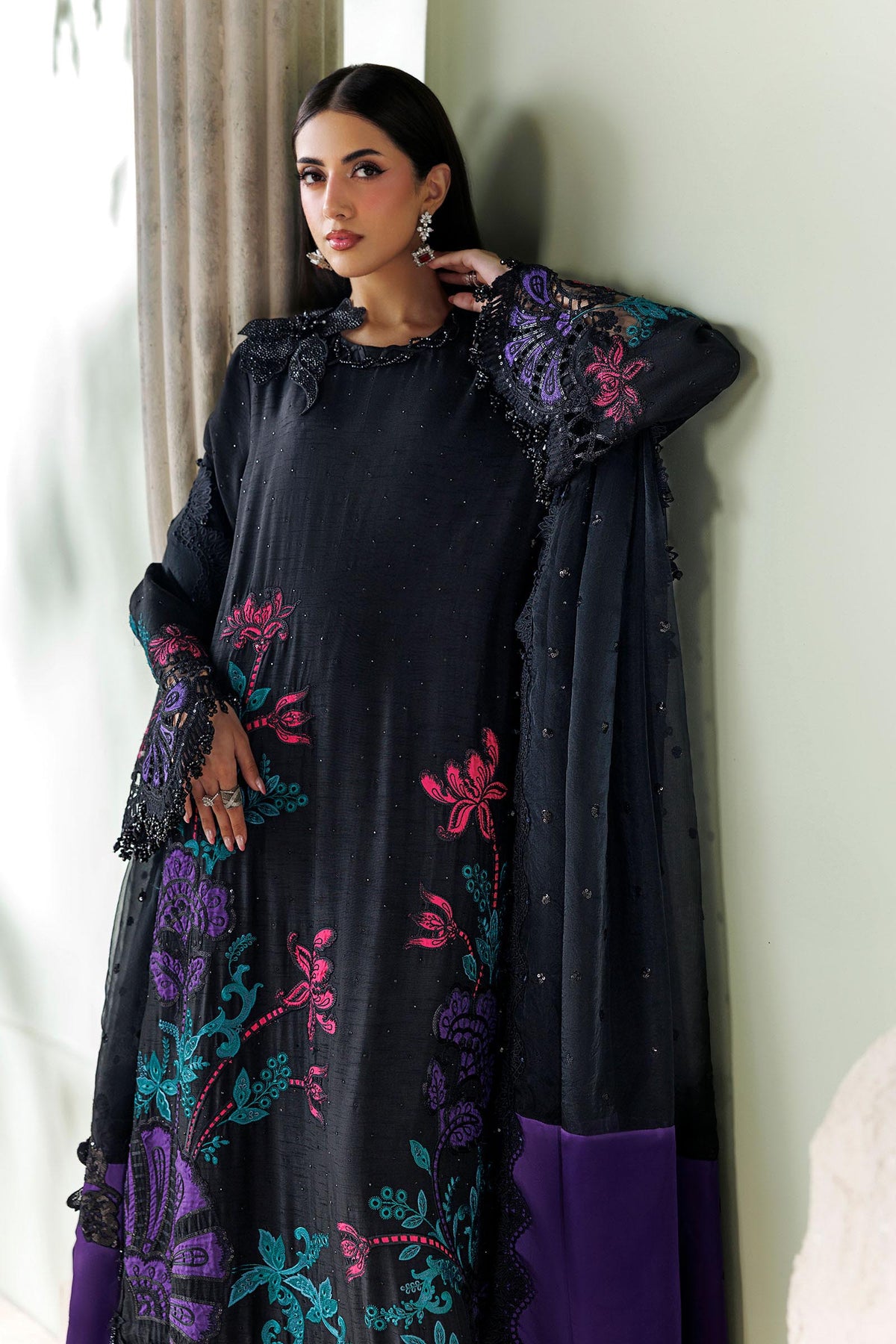 Maria B Soiree Collection 2026 embroidered black and purple raw silk Pakistani suit