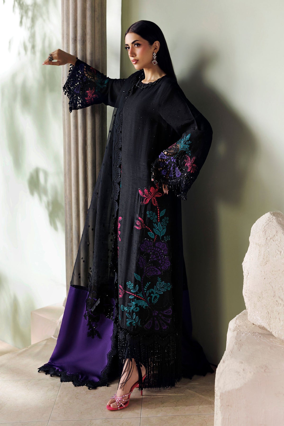 Maria B Soiree Collection 2026 embroidered black and purple raw silk Pakistani suit
