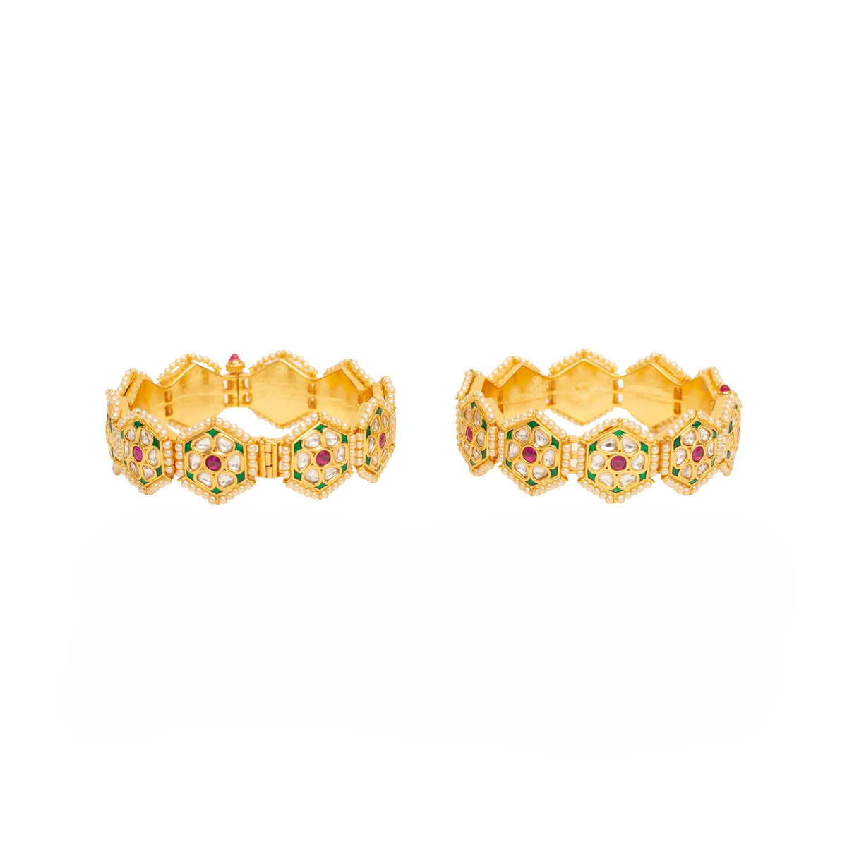 Gold-Plated Multicolour Bridal Bangles with Pearl Detailing