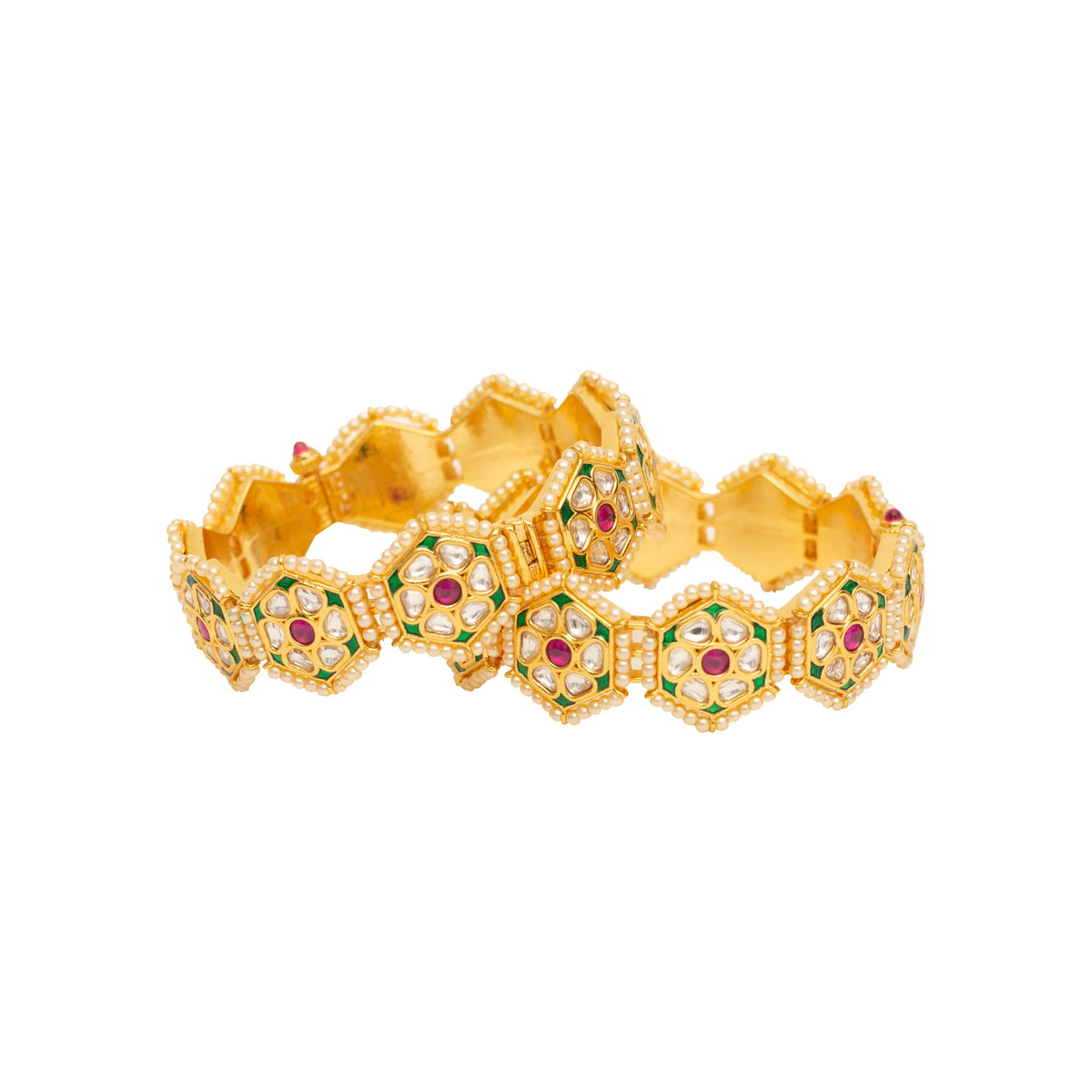Gold-Plated Multicolour Bridal Bangles with Pearl Detailing