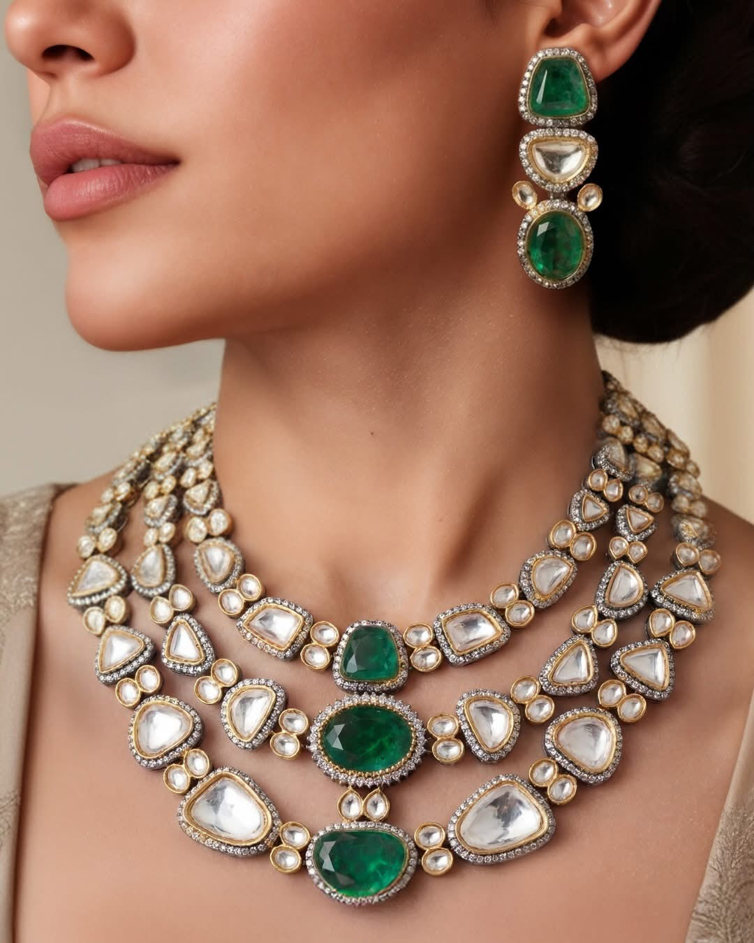 Grand Polki & Emerald Green Bridal Necklace Set | LebaasOnline