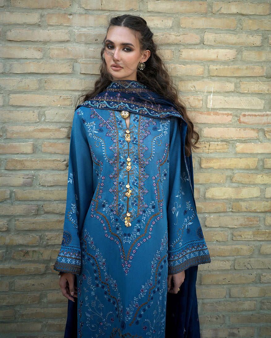 MUSHQ Heritage Haze embroidered herringbone Pakistani winter suit with Dobby viscose shawl