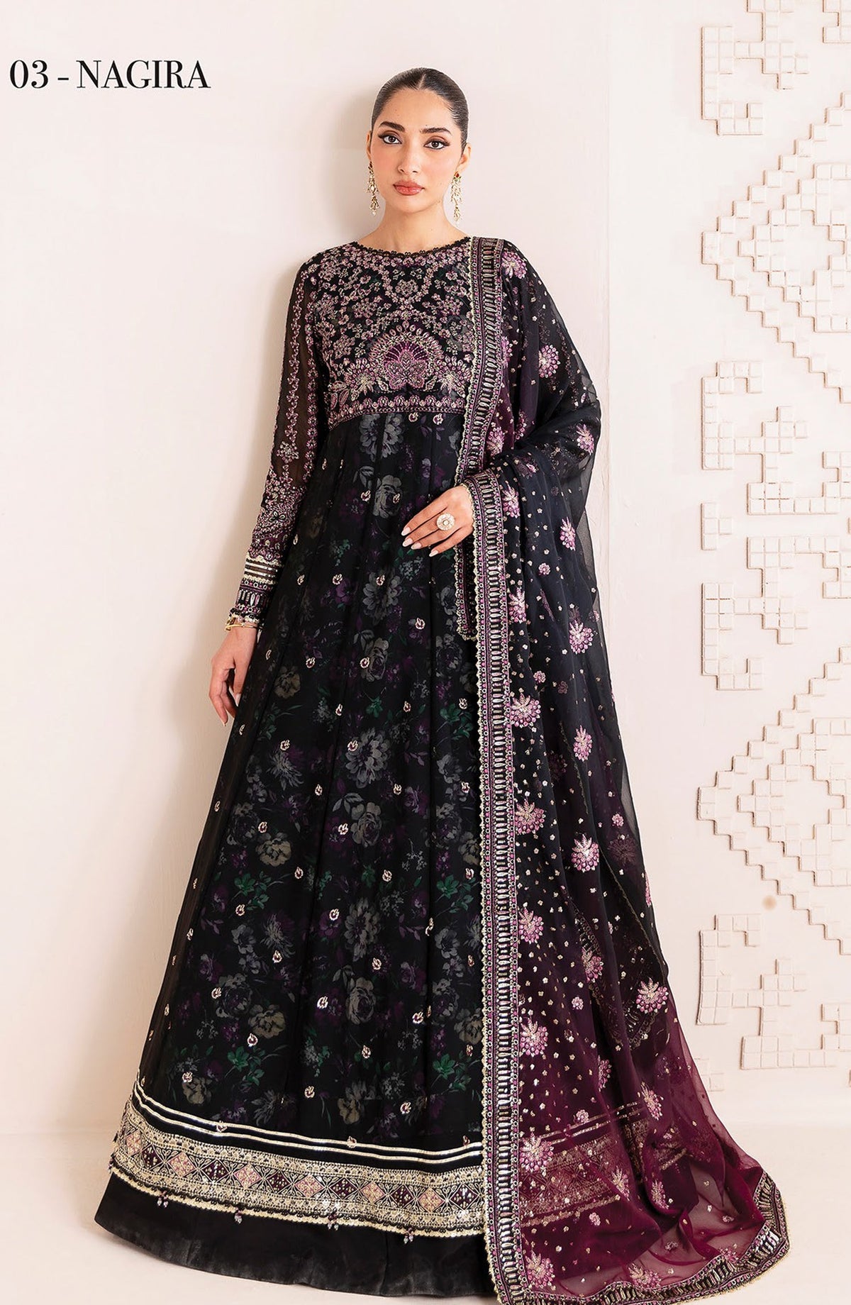 Xenia Formals Embroidered Chiffon Unstitched 3 Piece Suit - D-03 Nigira - XF25LFR - Black - Luxury Collection