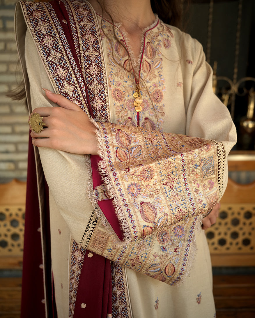 MUSHQ Frosted Dome embroidered karandi Pakistani 3 piece suit with shawl