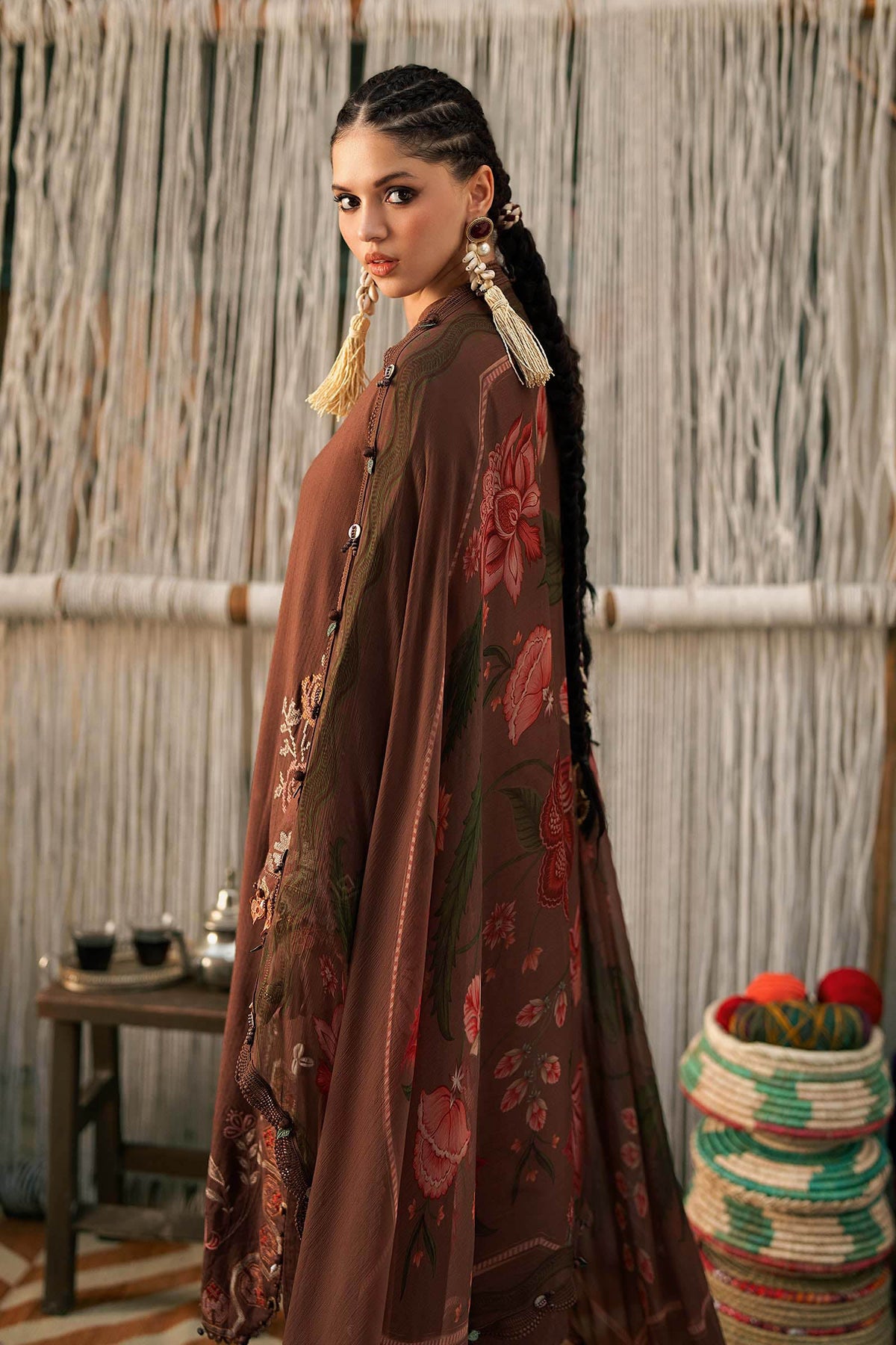 Maria B M Prints Fall 2026 MPT-3110-B Light Brown Pakistani 3 piece suit with embroidered Dobby Linen and Chiffon dupatta – LebaasOnline UK USA worldwide