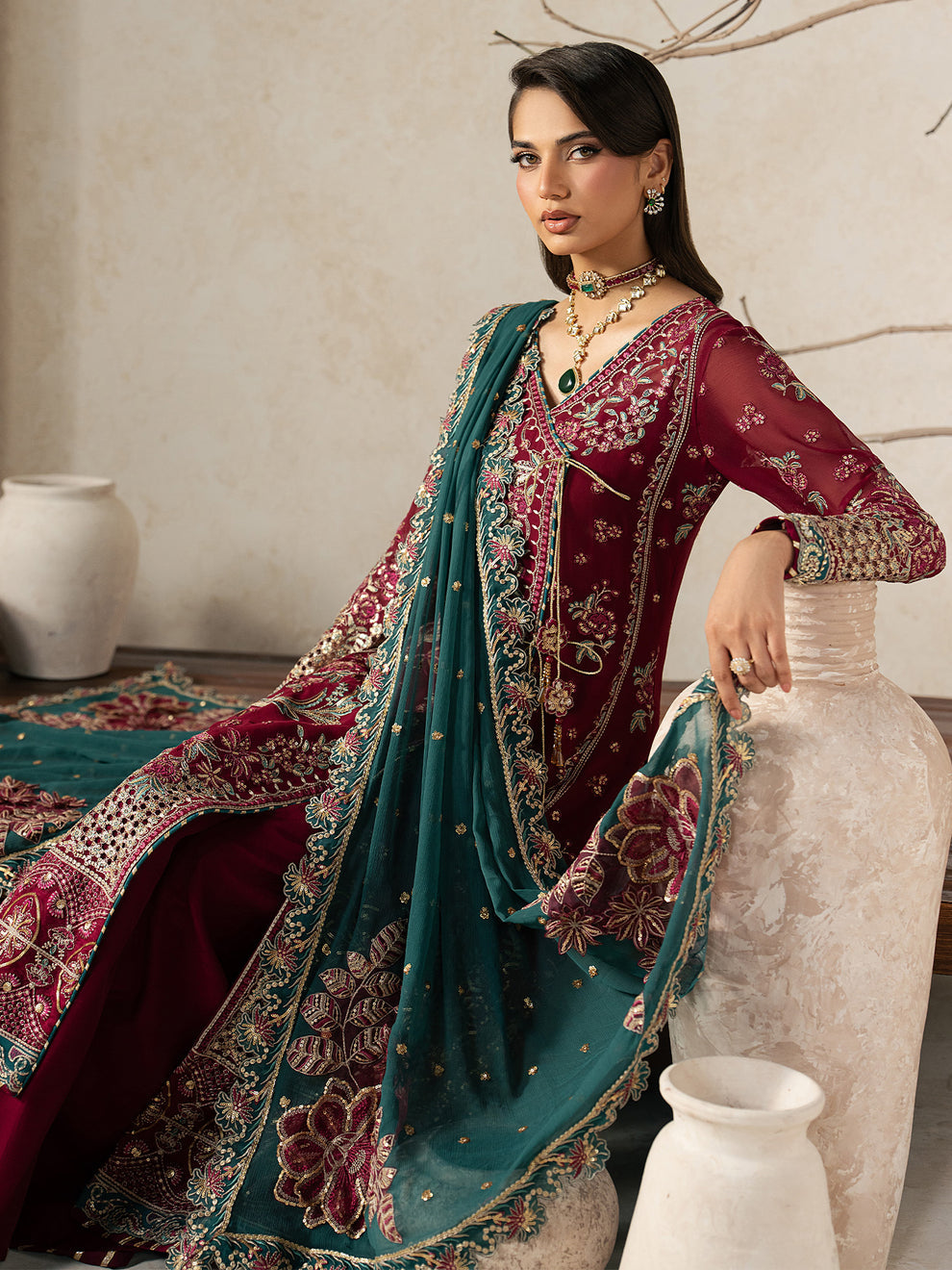 GULAAL | Inaaya Embroidered Chiffion '26 | JINAAN Pakistani designer dress is available @lebaasonline. The Pakistani Wedding dresses of Maria B, Gulaal can be customized for Bridal/party wear. Get express shipping in UK, USA, France, Germany for Asian Outfits USA. Maria B Sale online can be availed here!!