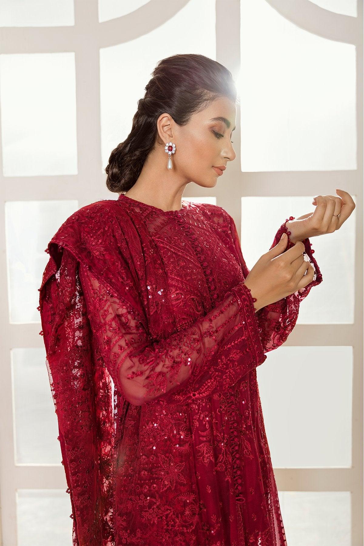 Buy Baroque | Embroidered Chiffon 3 Piece Suit - RED VELVET. Online at Great Price! Available For UK, France & Germany. Baroque dresse from Pakistan & for SALE in the UK, USA, Manchester & London. Book now ready to wear & unstitched. Shop Wedding, festive, summer or winter branded outfits from Lebaasonline