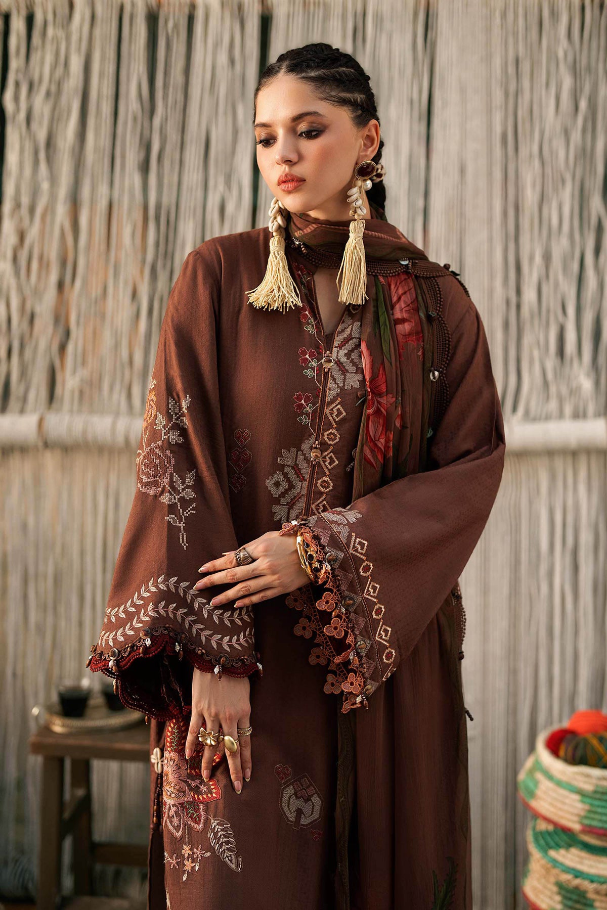 Maria B M Prints Fall 2026 MPT-3110-B Light Brown Pakistani 3 piece suit with embroidered Dobby Linen and Chiffon dupatta – LebaasOnline UK USA worldwide