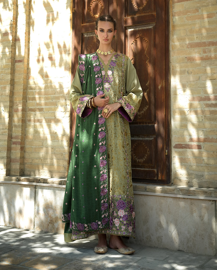 MUSHQ Desert Minaret embroidered crepe Pakistani winter suit with Dobby viscose shawl