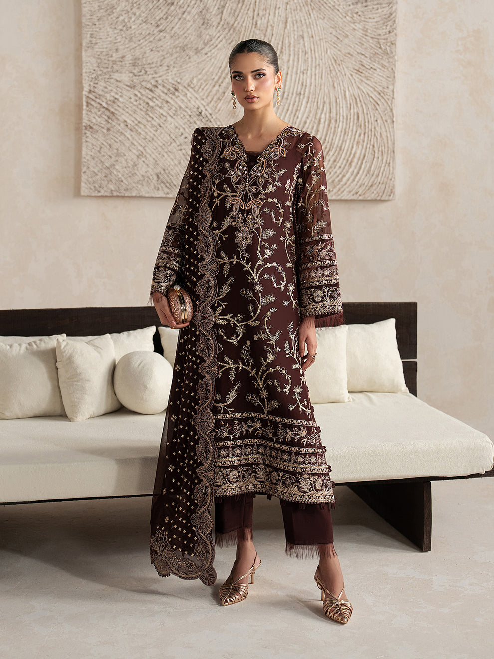 GULAAL | Inaaya Embroidered Chiffion '26 | SOFIYA Pakistani designer dress is available @lebaasonline. The Pakistani Wedding dresses of Maria B, Gulaal can be customized for Bridal/party wear. Get express shipping in UK, USA, France, Germany for Asian Outfits USA. Maria B Sale online can be availed here!!