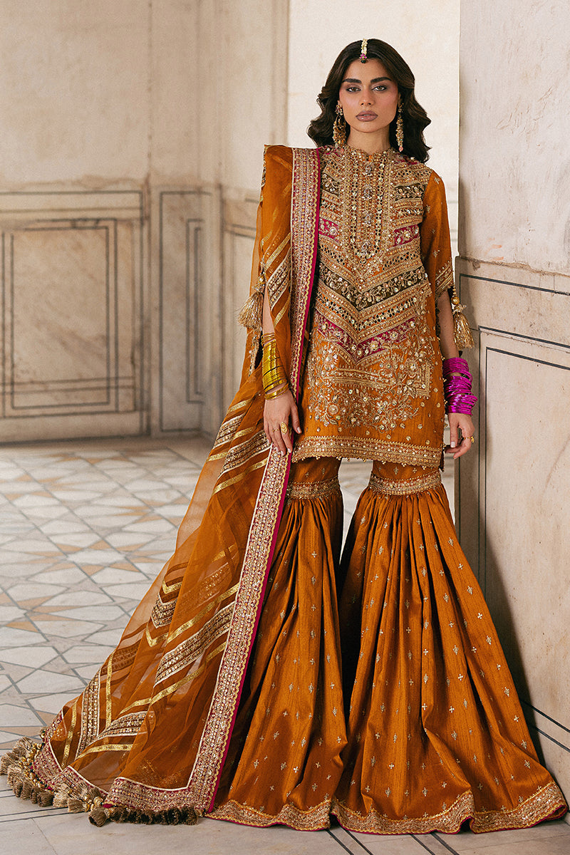 Mohsin Naveed Ranjha Zarlish Ranjish orange Indian silk embroidered shirt and gharara with organza dupatta