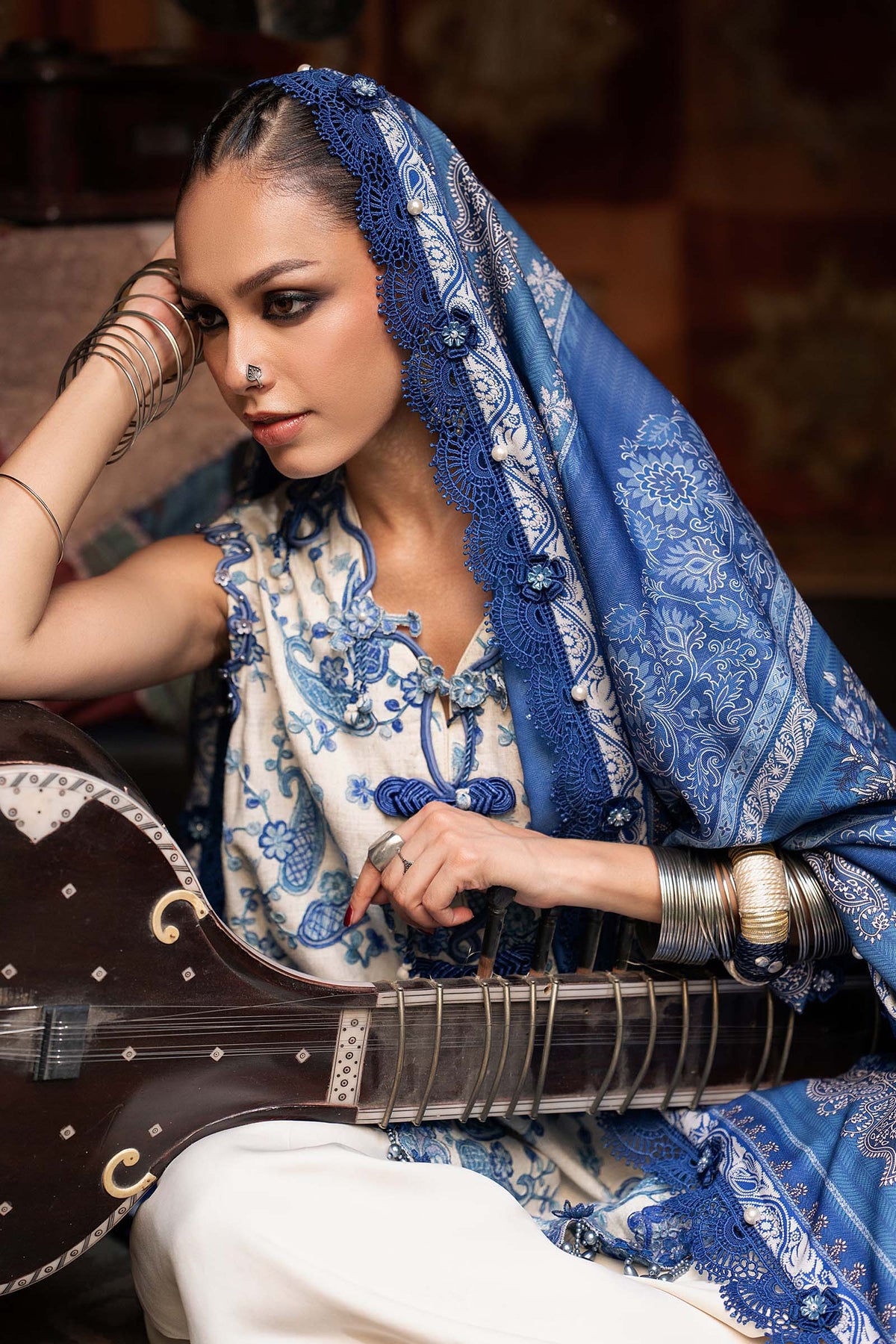 Maria B M Prints Fall 2026 MPT-3108-A White and Blue Pakistani 3 piece suit with 3D embossed Irish Linen and Herringbone shawl – LebaasOnline