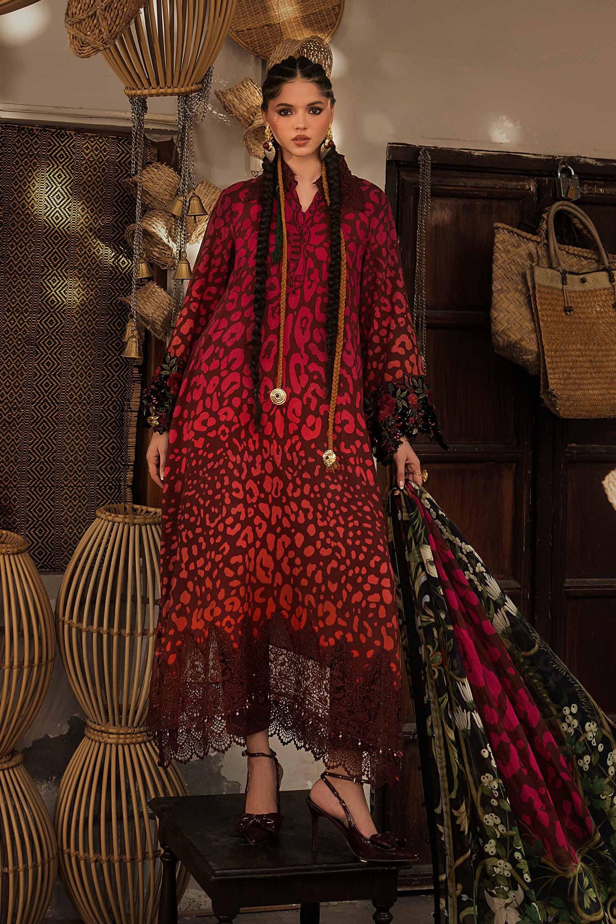 Maria B M Prints Fall 2026 MPT-3101-A Maroon 3 Piece Pakistani Designer Suit
