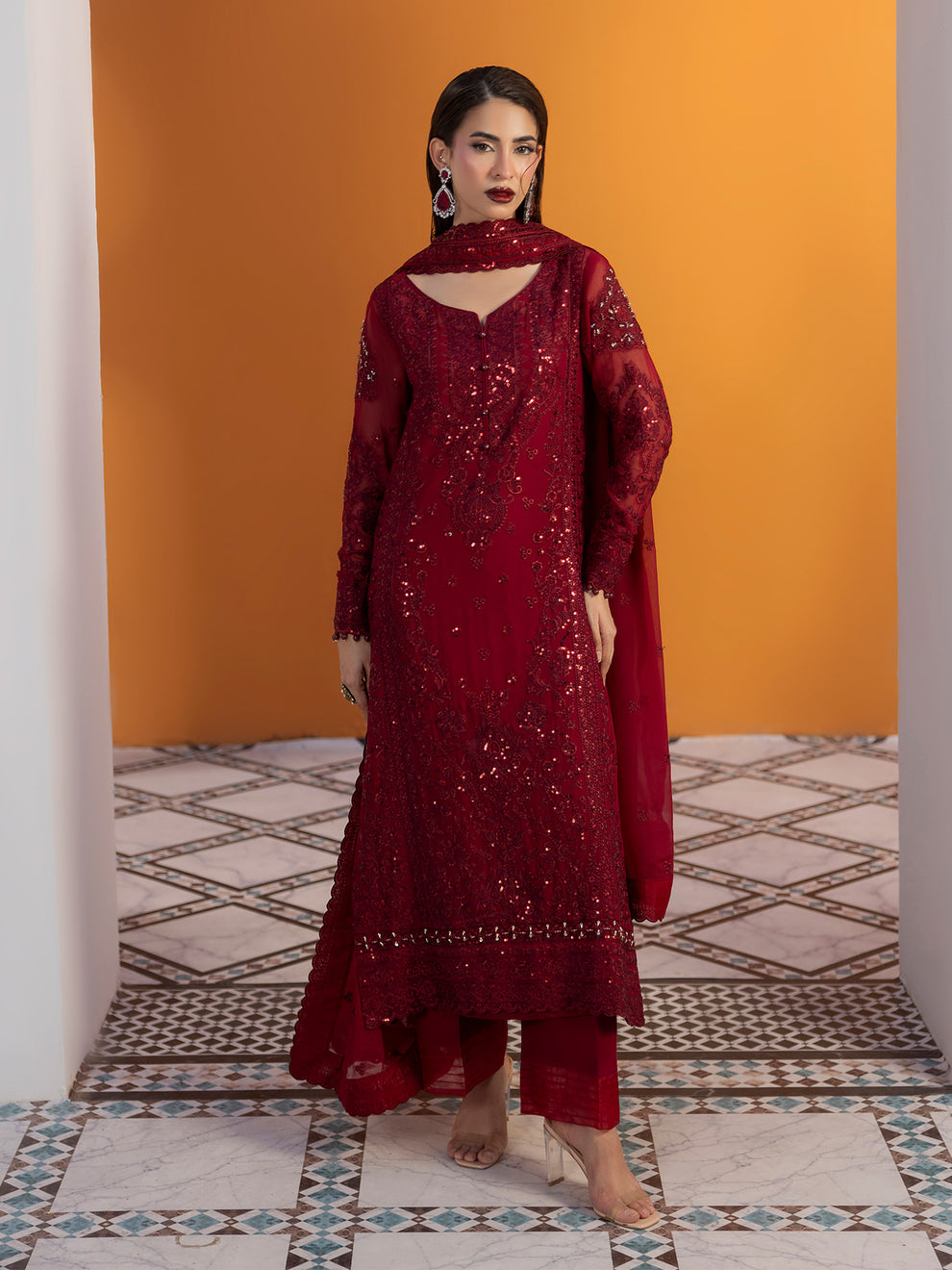 GULAAL | Maeri Luxury Chiffion '26 | Crimson Pakistani designer dress is available @lebaasonline. The Pakistani Wedding dresses of Maria B, Gulaal can be customized for Bridal/party wear. Get express shipping in UK, USA, France, Germany for Asian Outfits USA. Maria B Sale online can be availed here!!
