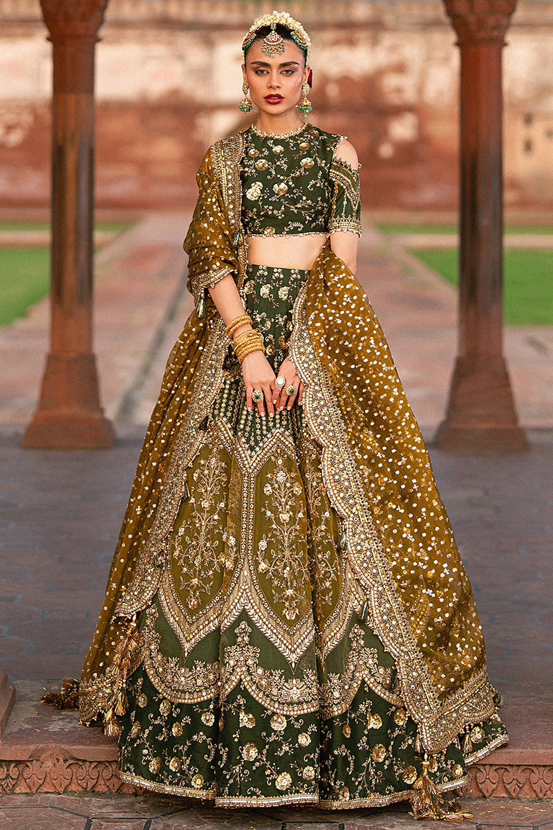 Mohsin Naveed Ranjha Afsana green silk embroidered Pakistani designer suit