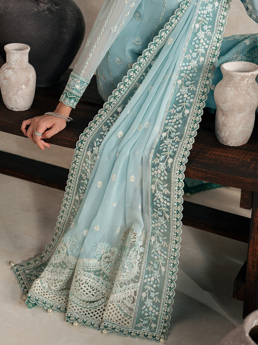 GULAAL | Inaaya Embroidered Chiffion '26 | EILEEN Pakistani designer dress is available @lebaasonline. The Pakistani Wedding dresses of Maria B, Gulaal can be customized for Bridal/party wear. Get express shipping in UK, USA, France, Germany for Asian Outfits USA. Maria B Sale online can be availed here!!