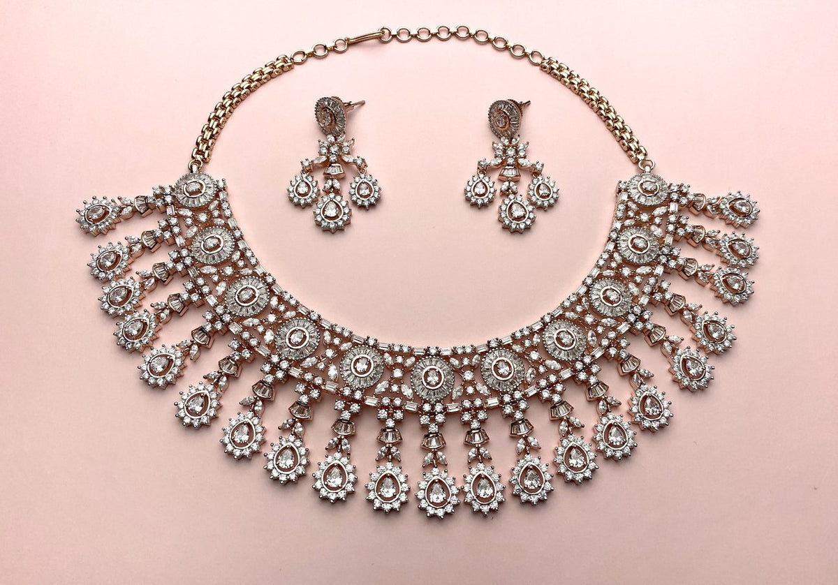 Indian designer bridal jewellery American diamond rose gold set for Indian Pakistani wedding 